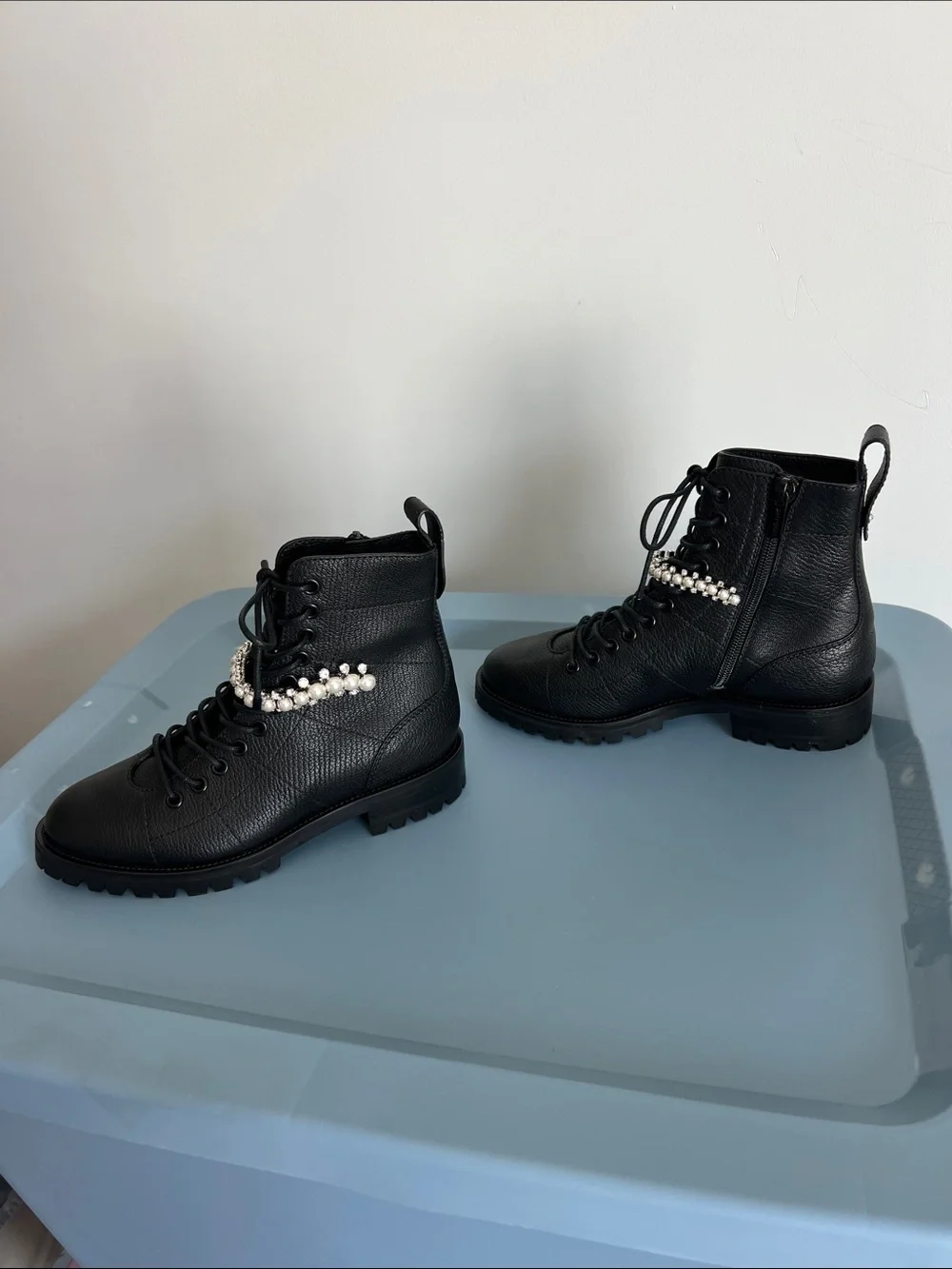 Jimmy Choo cruz crystal faux pearl embellished strap lace-up black leather boots